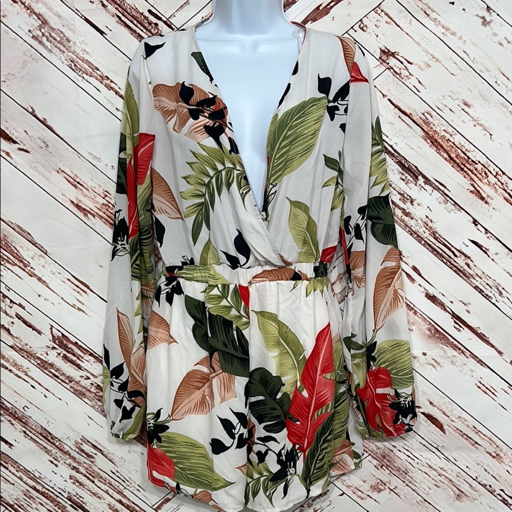 Fashion Nova Cream Surplice Tropical Leaf Romper with Green & Red Accents